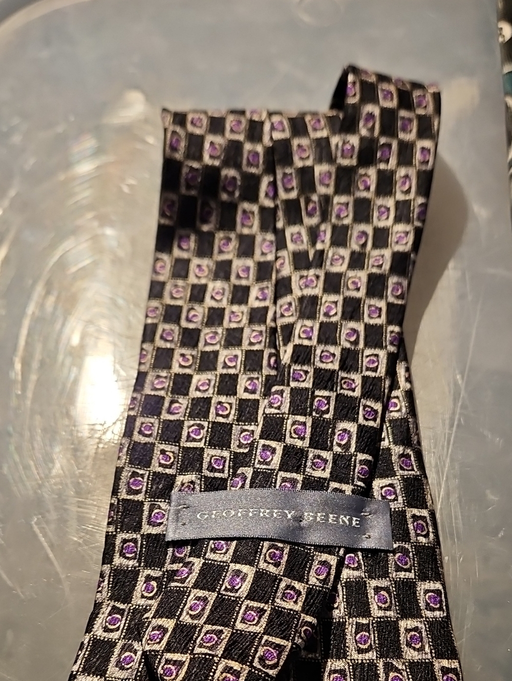 Geoffrey Beene Black Tie with Purple Square Motif V45